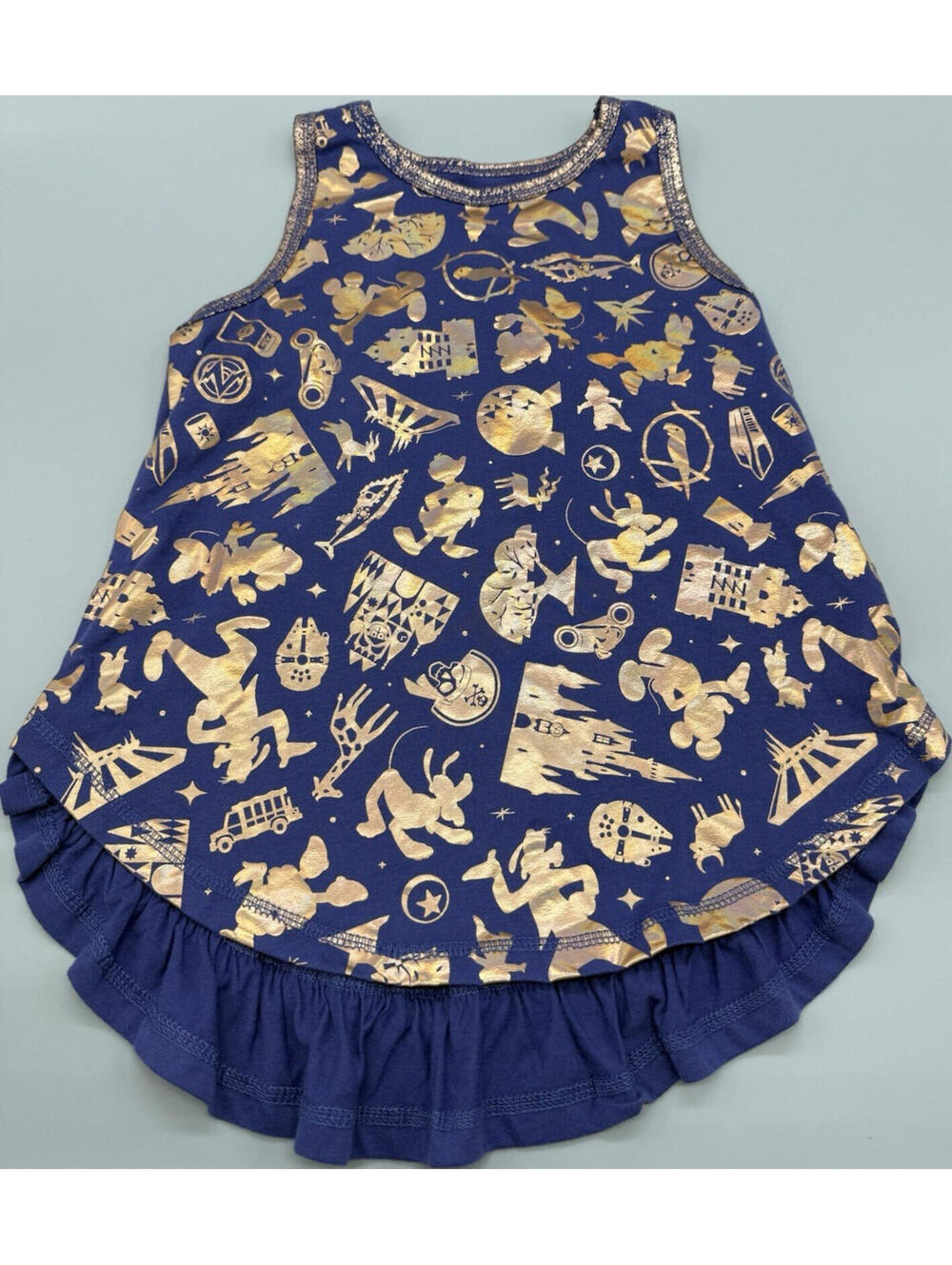 Disney Mickey Mouse 50th Anniversary Girls Blue Gold Ruffle Glitter Tank 7/8
